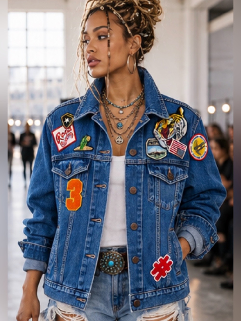 Classic Blue Patchwork women’s Denim Jacket by Topshop Ptp 18